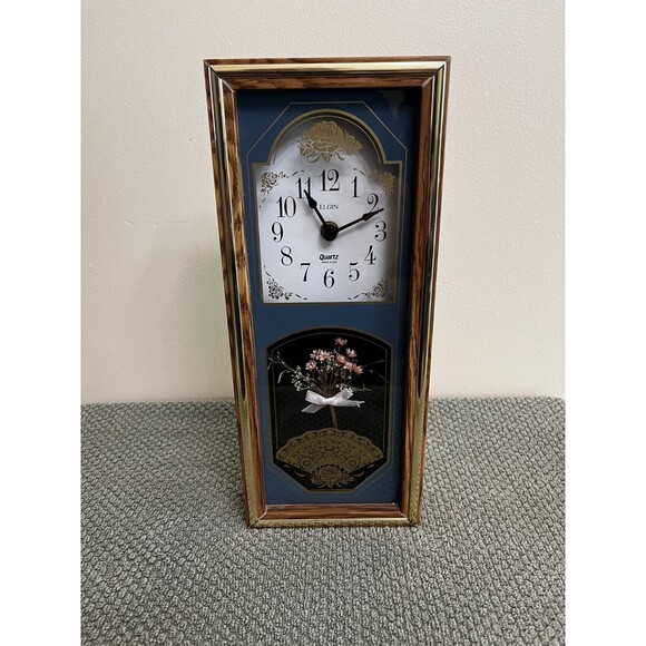 Vintage Elgin Quartz 12" Shadowbox Tabletop Framed Clock Floral Dried Flowers - Picture 1 of 5